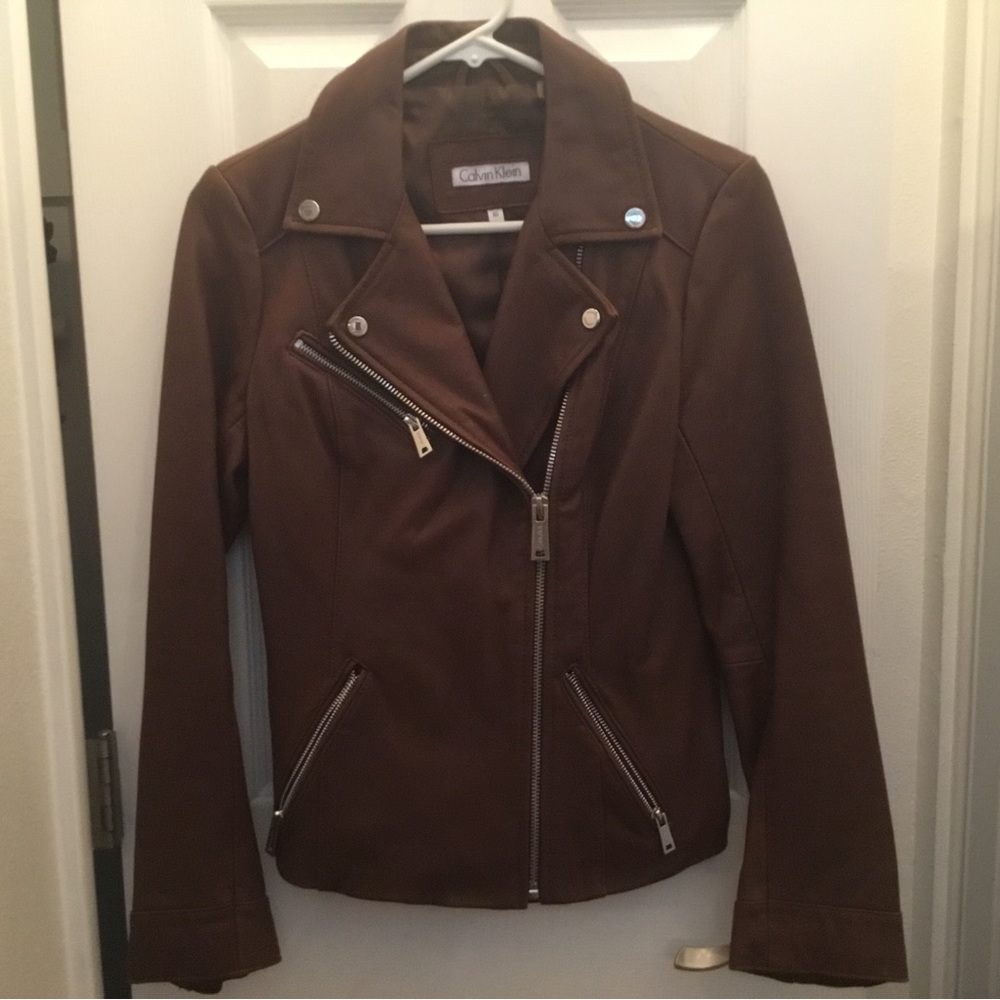 Calvin Klein Brown Leather Moto Jacket XS